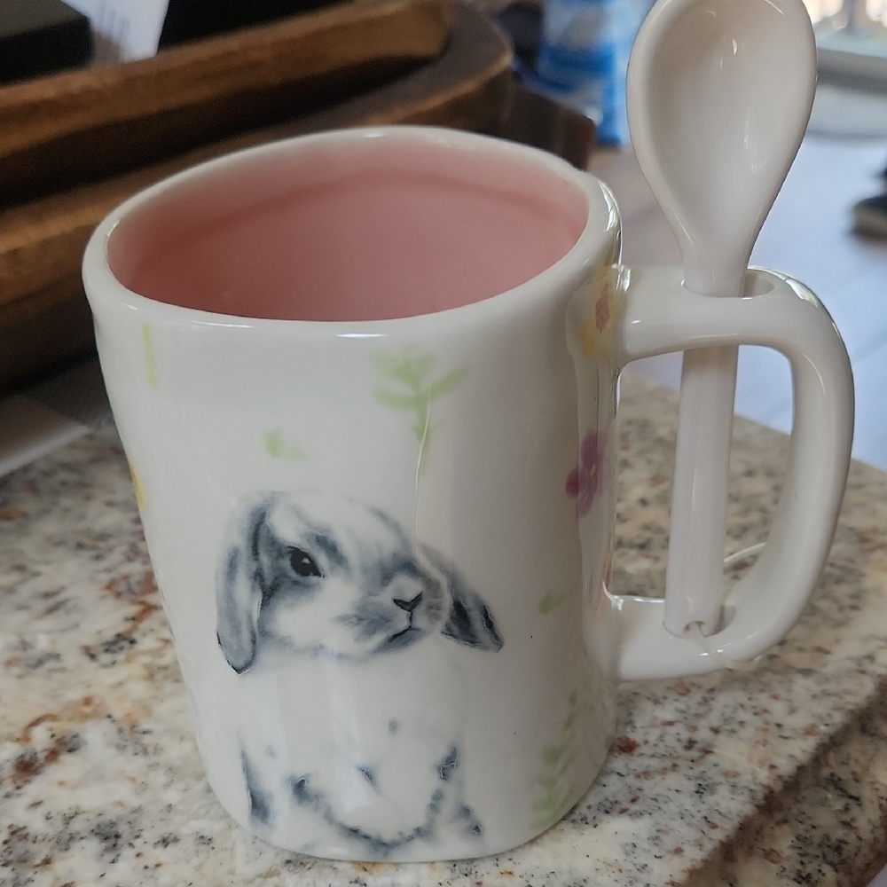 Adorable Bunny Mug with Spoon - Pink Interior